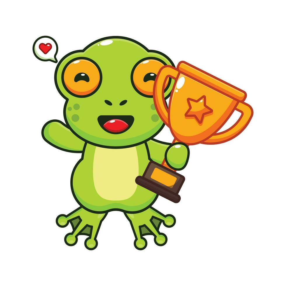 cute frog holding gold trophy cup cartoon vector illustration.