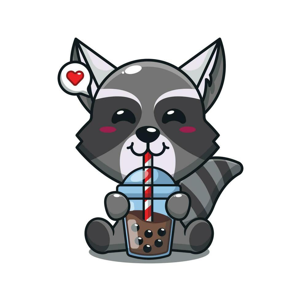 cute raccoon drink boba milk tea cartoon vector illustration