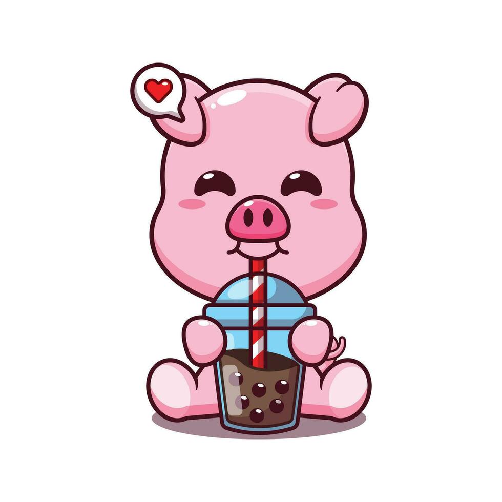 cute pig drink boba milk tea cartoon vector illustration.