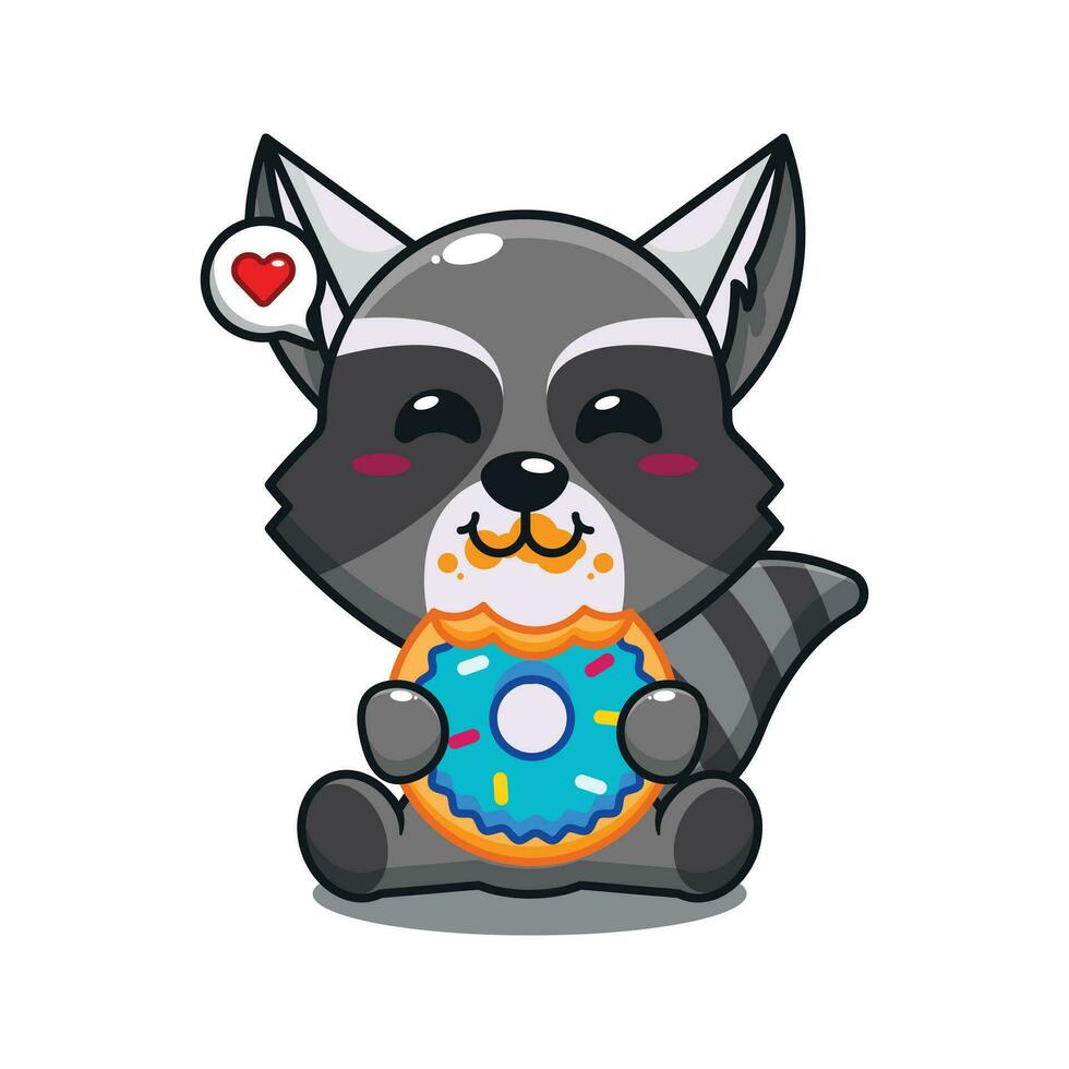 cute raccoon eating donut cartoon vector illustration.