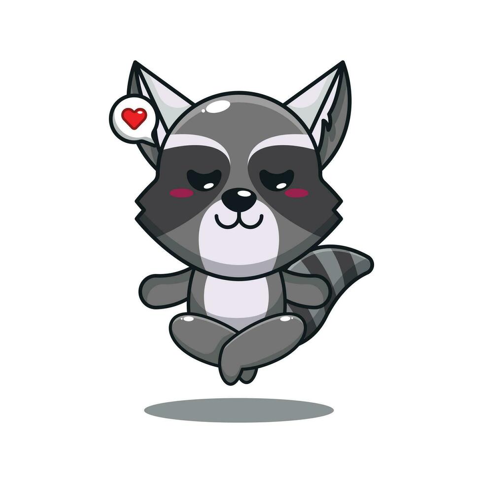 cute raccoon doing meditation yoga cartoon vector illustration.