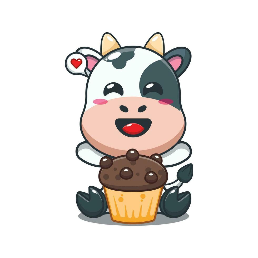 cow with cup cake cartoon vector illustration.