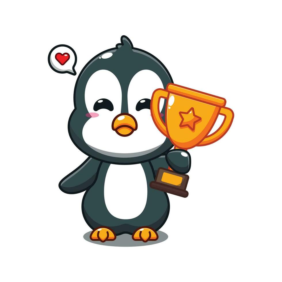 cute penguin holding gold trophy cup cartoon vector illustration.