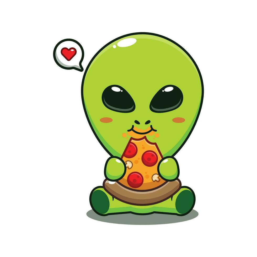 linda extraterrestre comiendo Pizza dibujos animados vector ilustración.