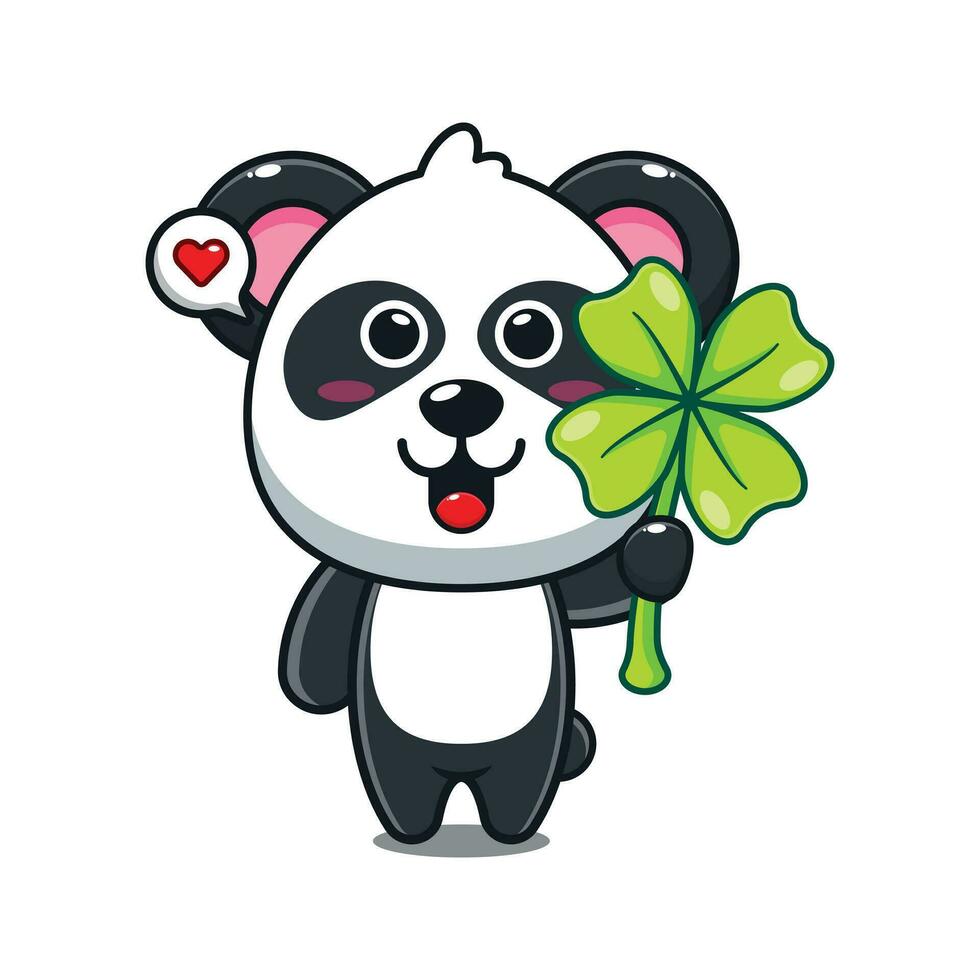 cute panda with clover leaf cartoon vector illustration.