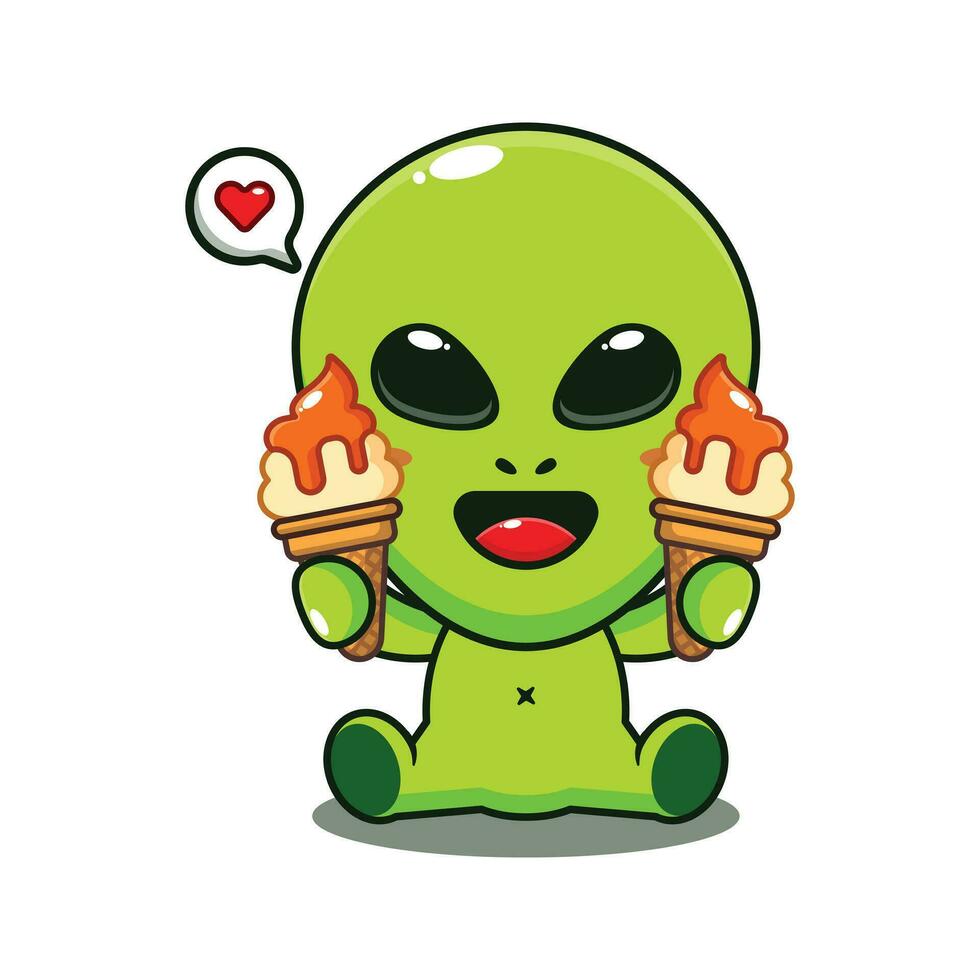 cute alien with ice cream cartoon vector illustration.