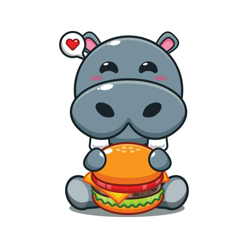 hippo with burger cartoon vector illustration.