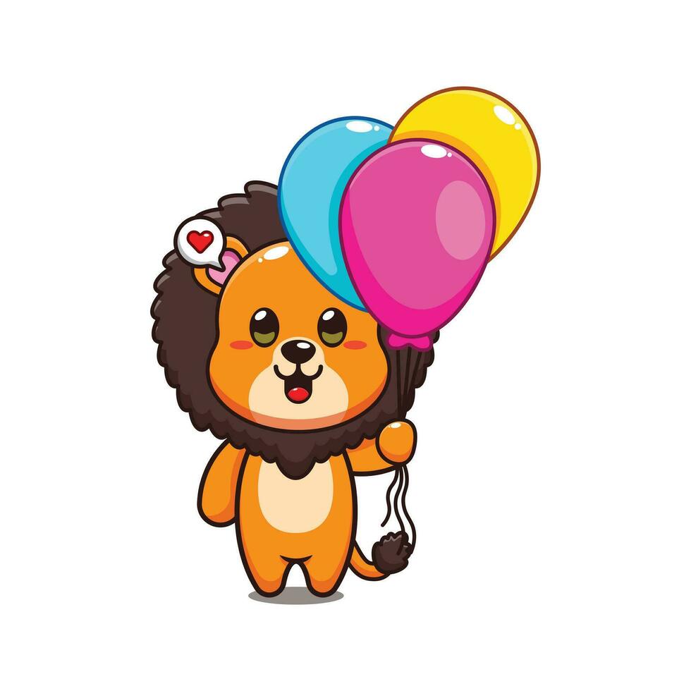 cute lion with balloon cartoon vector illustration.
