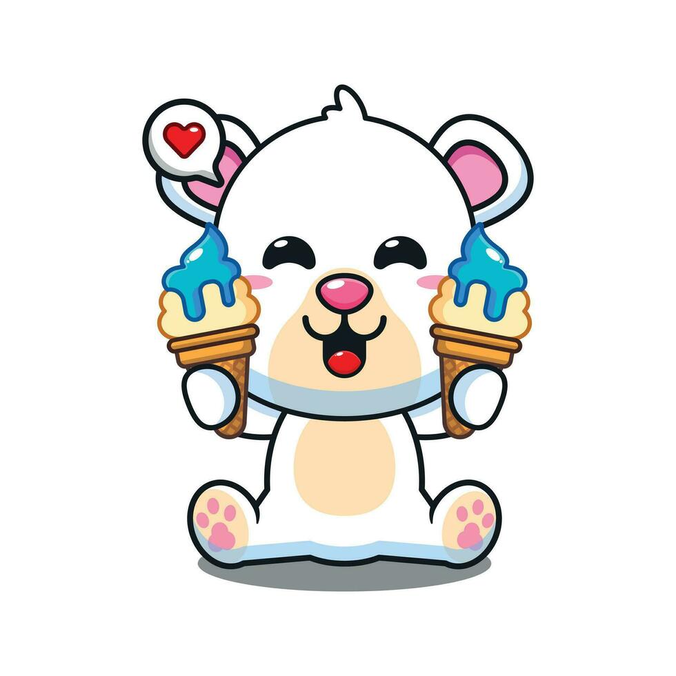 cute polar bear with ice cream cartoon vector illustration.