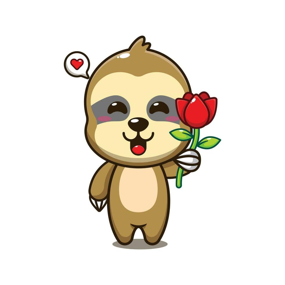 cute sloth holding rose flower cartoon vector illustration.