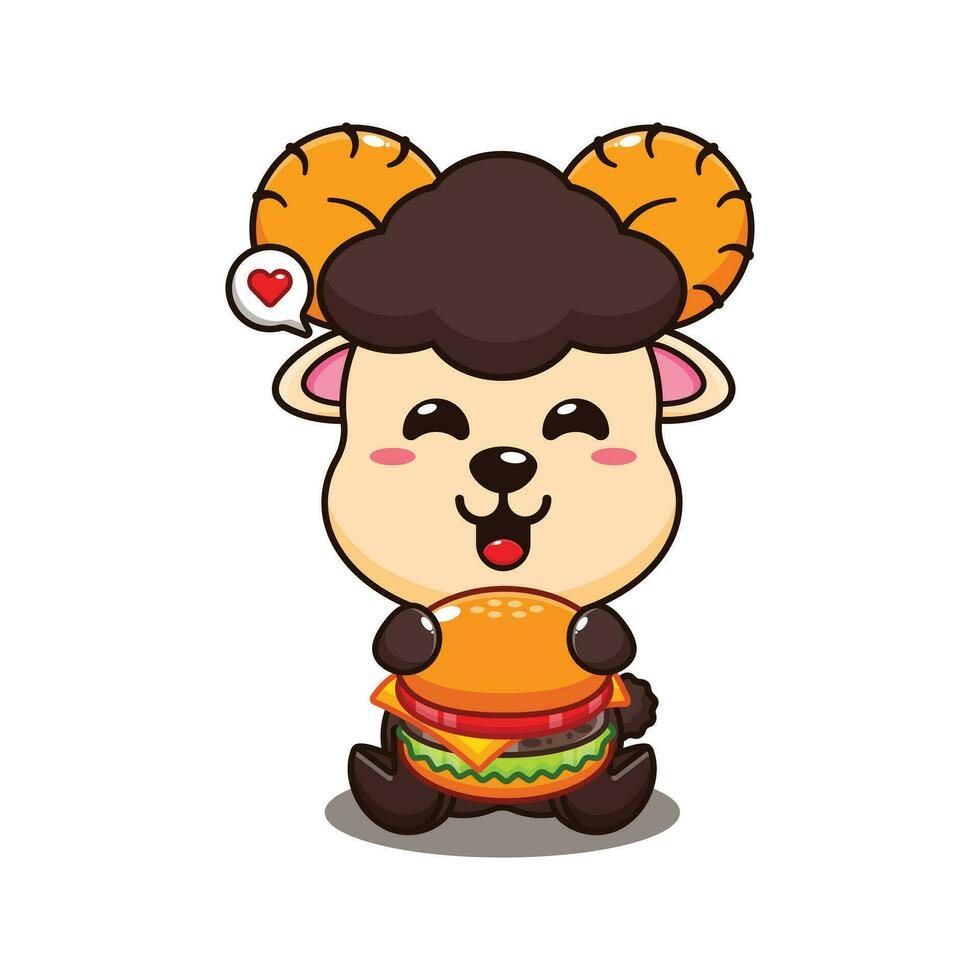 ram sheep with burger cartoon vector illustration.