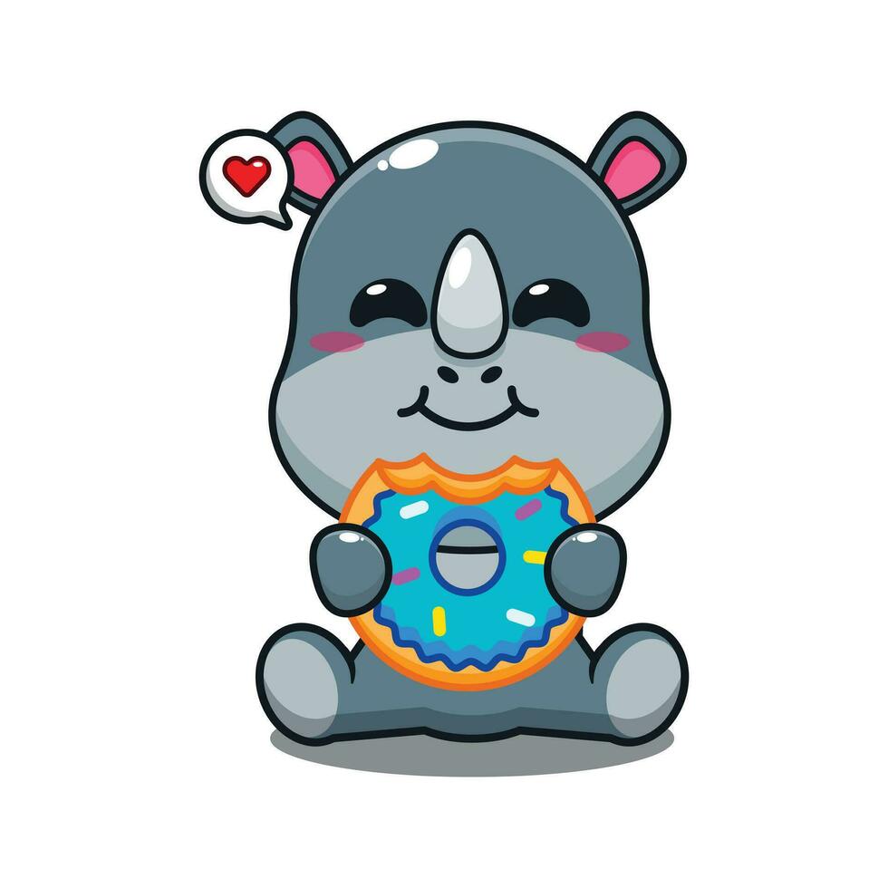 cute rhino eating donut cartoon vector illustration.