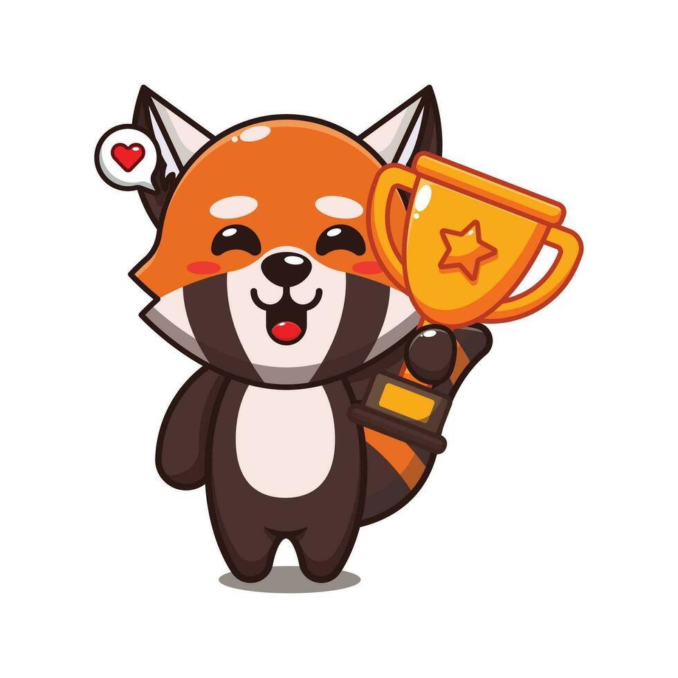 cute red panda holding gold trophy cup cartoon vector illustration.