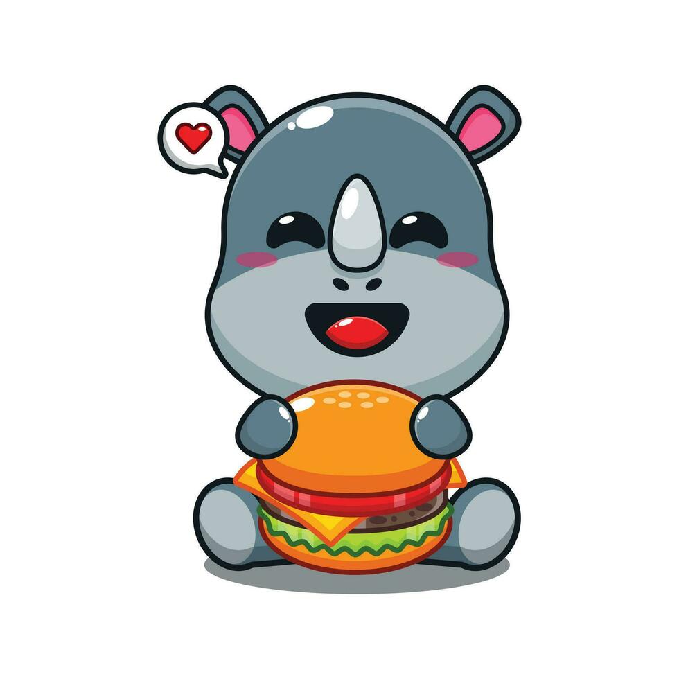 cute rhino with burger cartoon vector illustration.