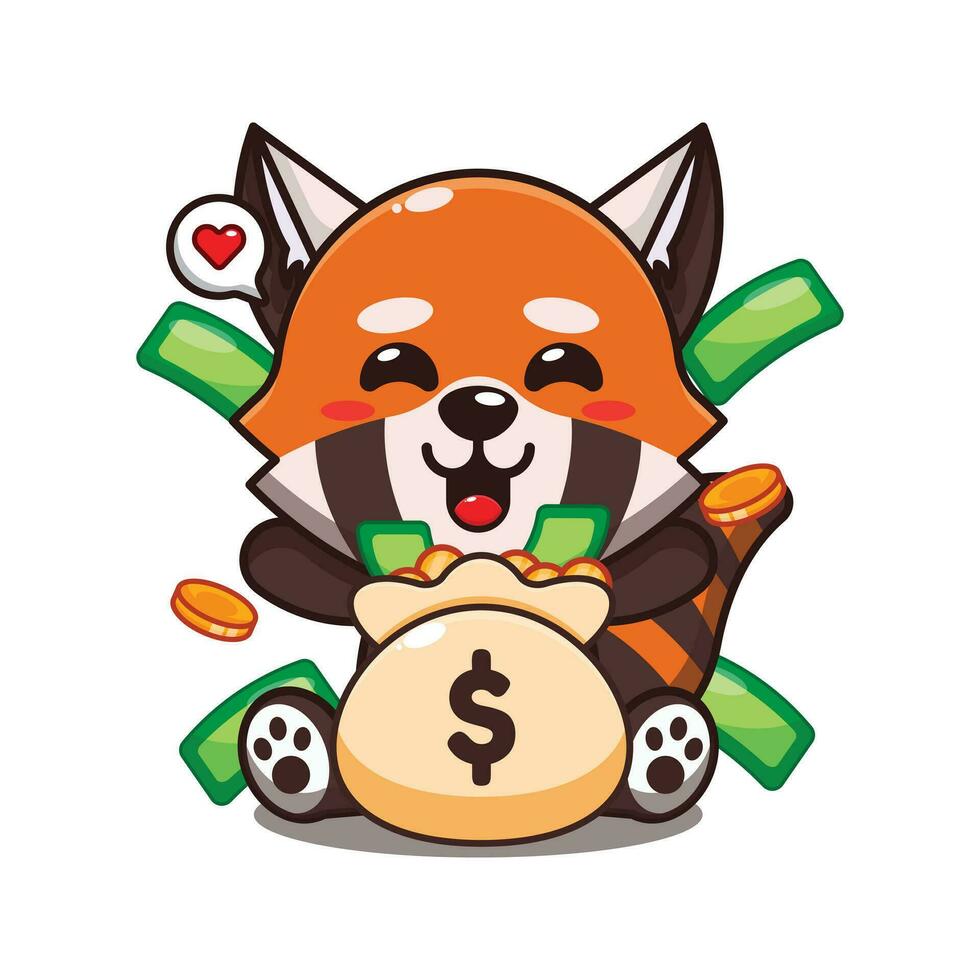 cute red panda with money bag cartoon vector illustration.