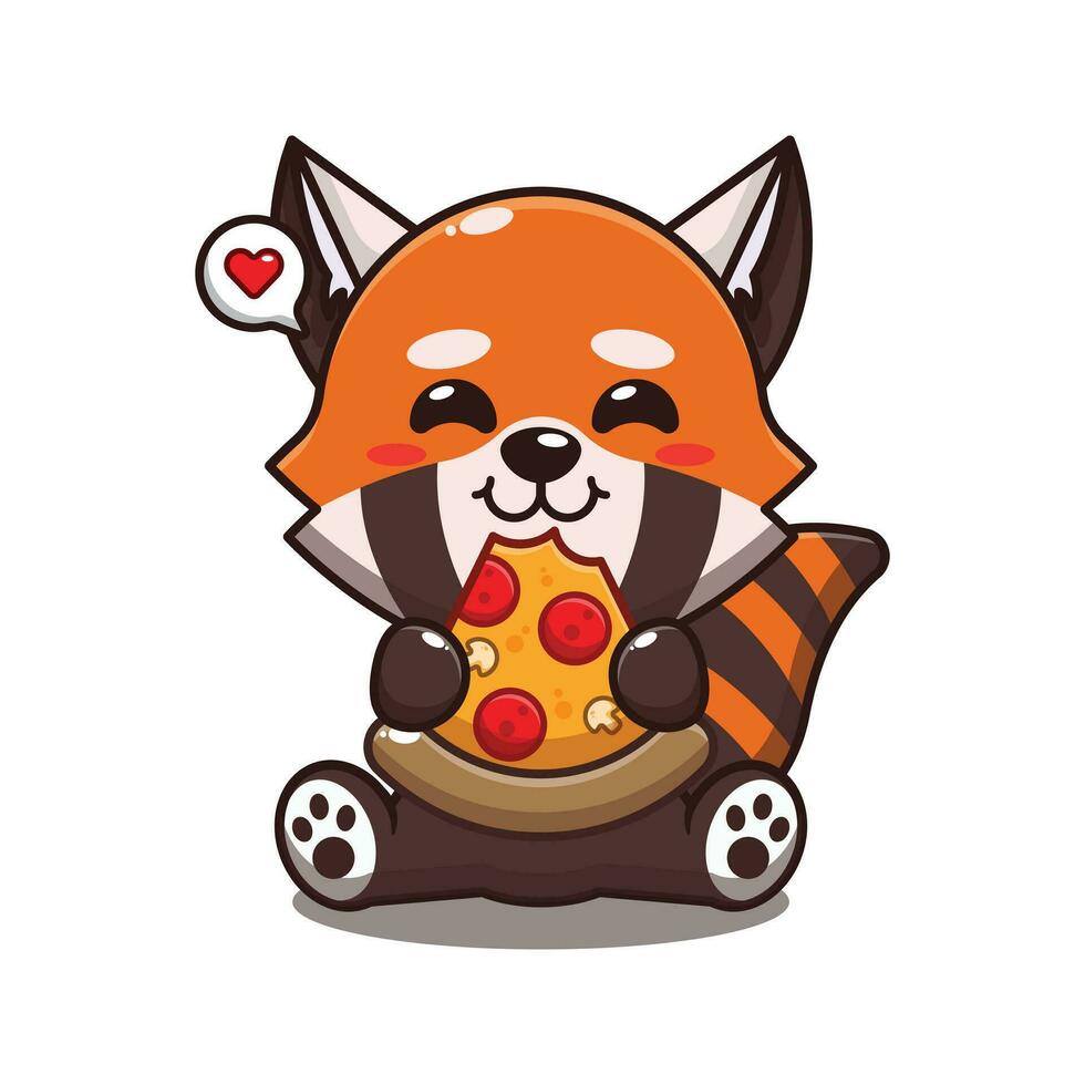 cute red panda eating pizza cartoon vector illustration.