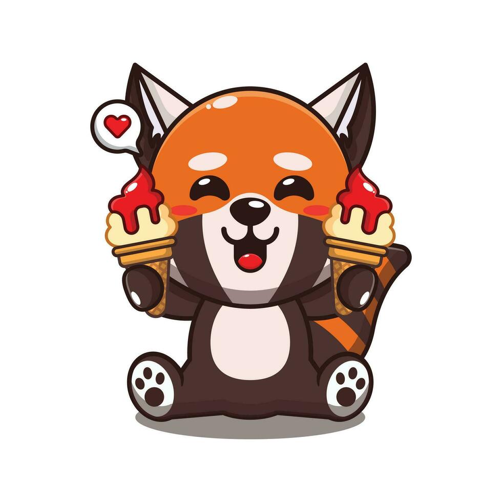 cute red panda with ice cream cartoon vector illustration.