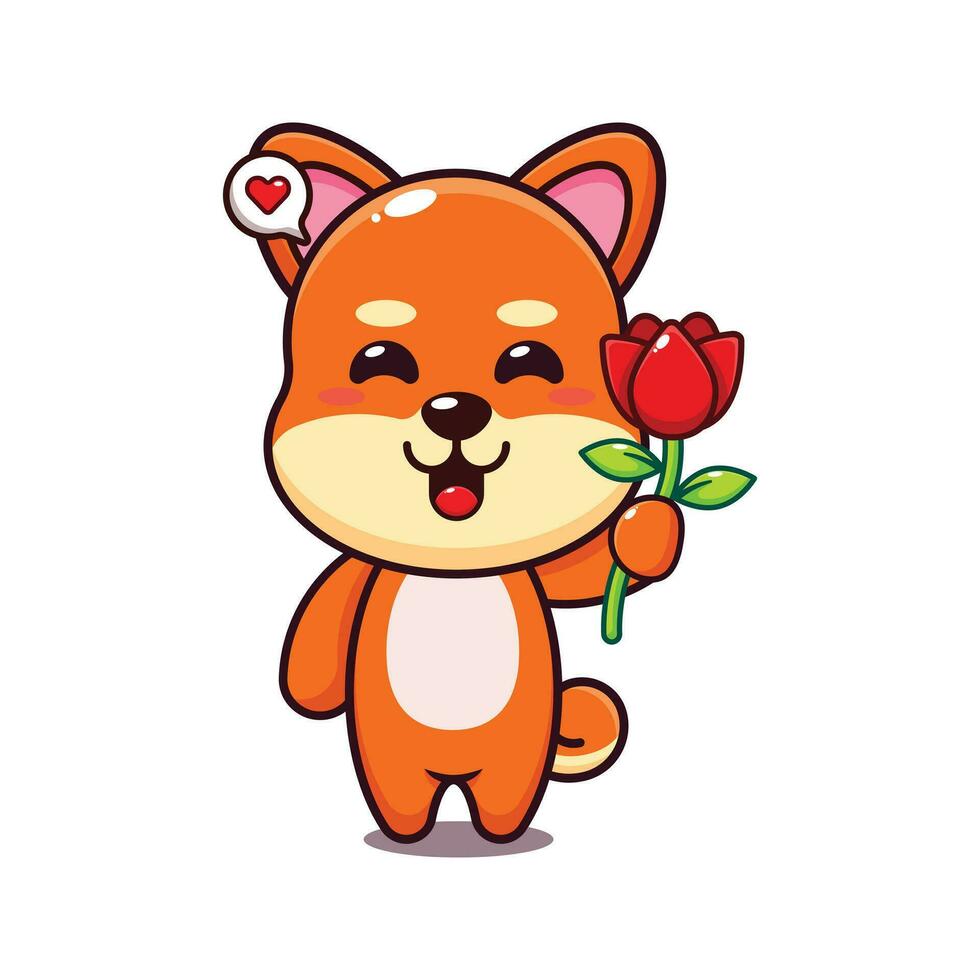 cute shiba inu holding rose flower cartoon vector illustration.