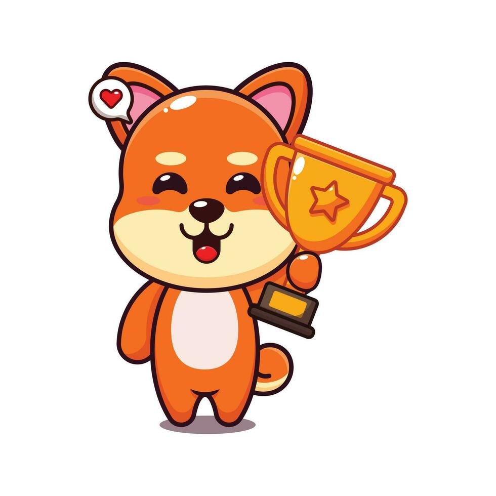 cute shiba inu holding gold trophy cup cartoon vector illustration.