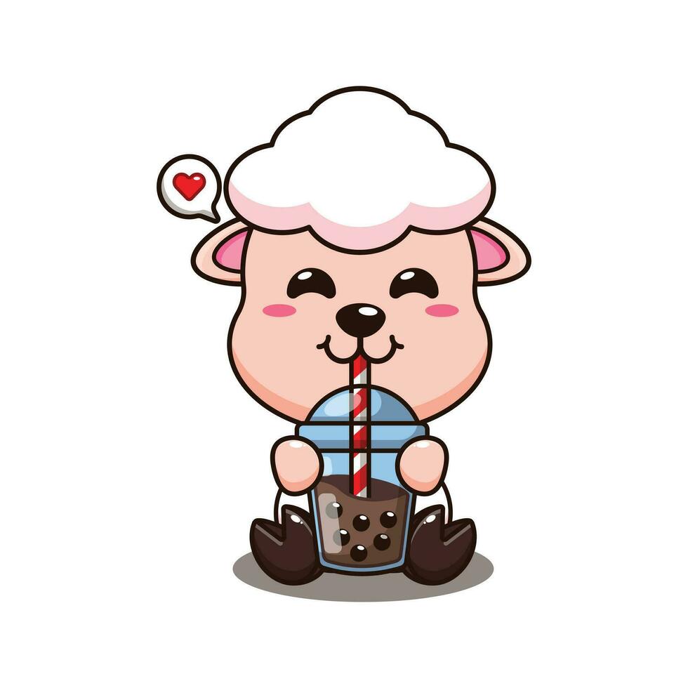 cute sheep drink boba milk tea cartoon vector illustration.