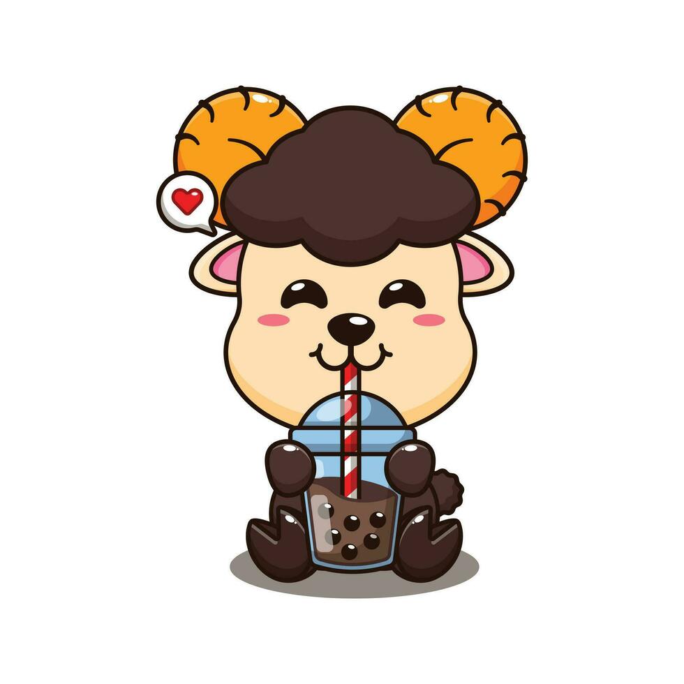 ram sheep drink boba milk tea cartoon vector illustration.