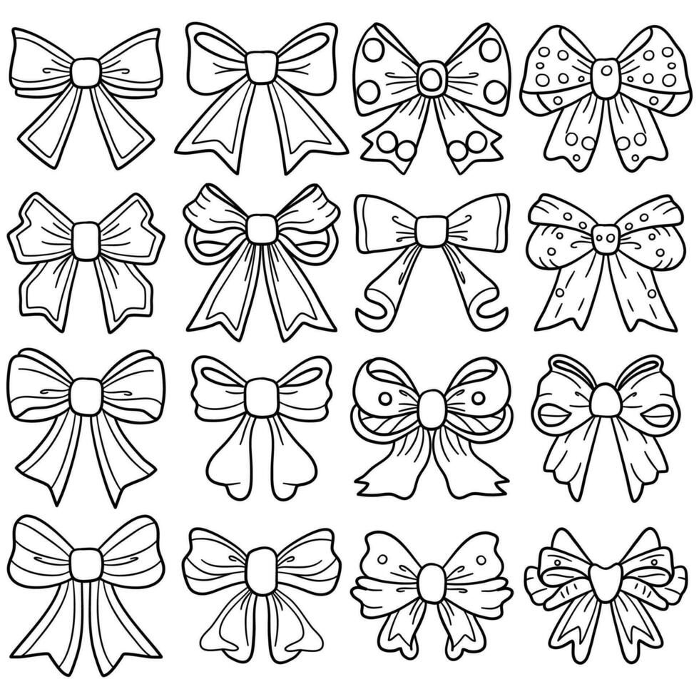 Vector set of bows. Coloring book for children and adults. Ribbon doodle in black thick line collection.