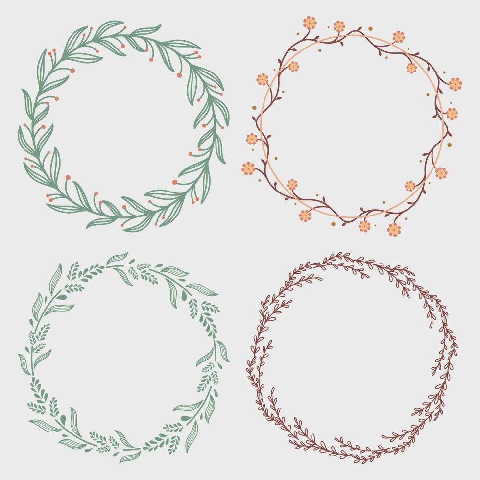 Set of round frames with floral elements. Vector illustration.