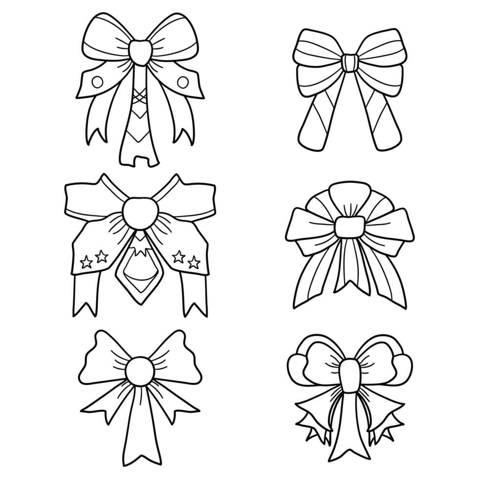 Vector set of bows. Coloring book for children and adults. Ribbon doodle in black thick line collection.