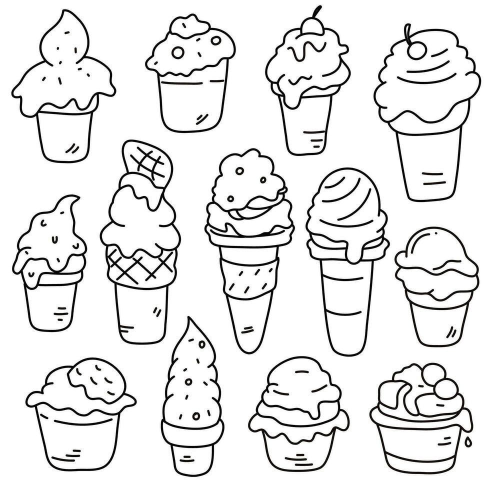 Ice cream doodle set, simple line hand drawn vector illustration.