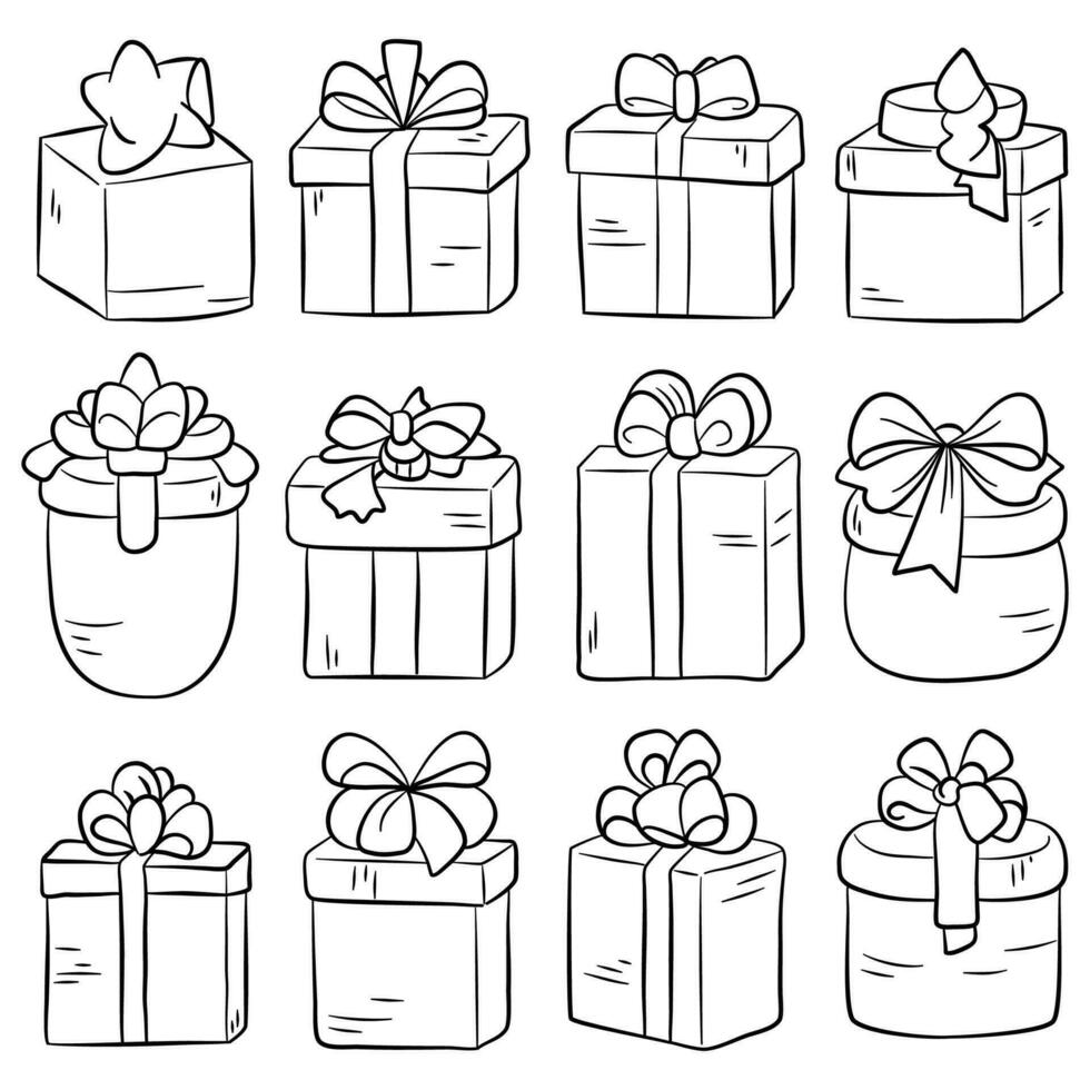 Gift boxes doodle set. Vector illustration isolated on white background.