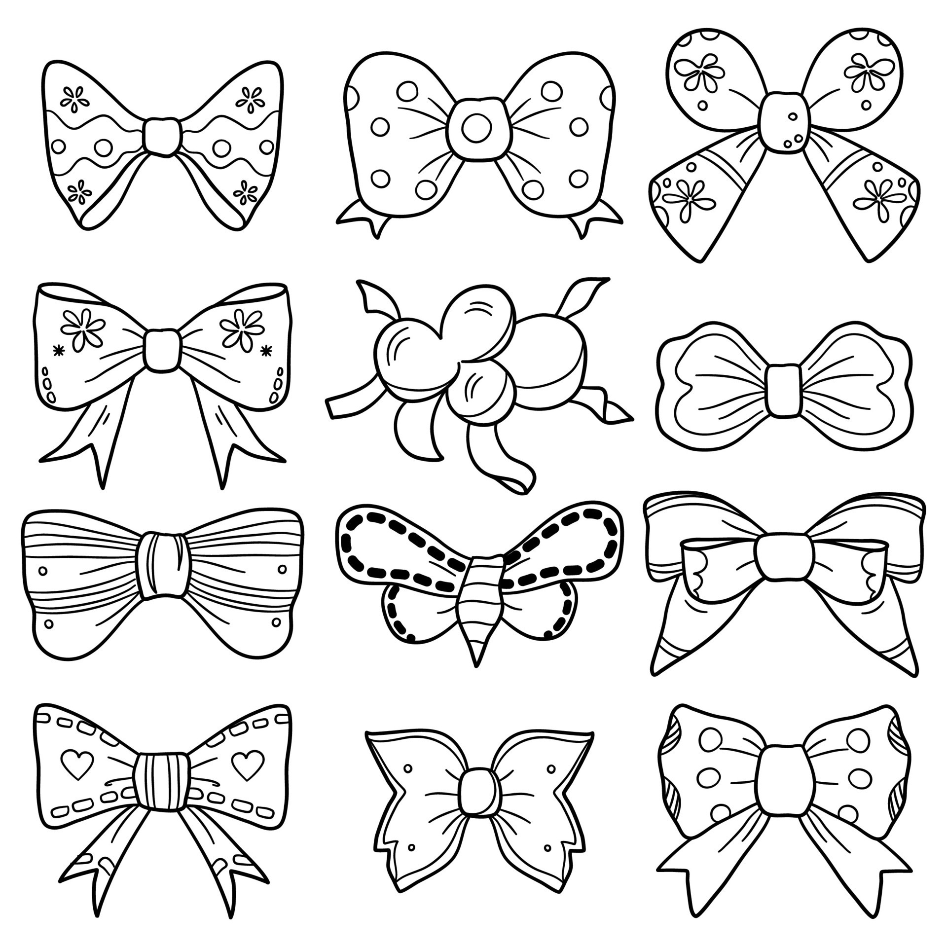 No Color Drawings Of Bow Minnie - Set Of Bows Coloring Book For Children And Adults Ribbon Doodle In Black Thick Line Collection Vector 