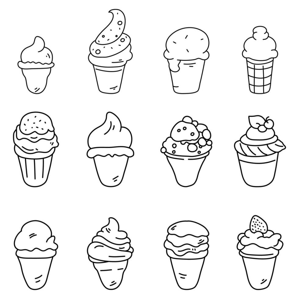 Ice cream doodle set, simple line hand drawn vector illustration.