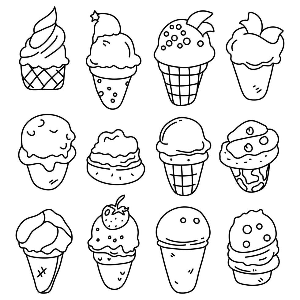 Ice cream doodle set, simple line hand drawn vector illustration.