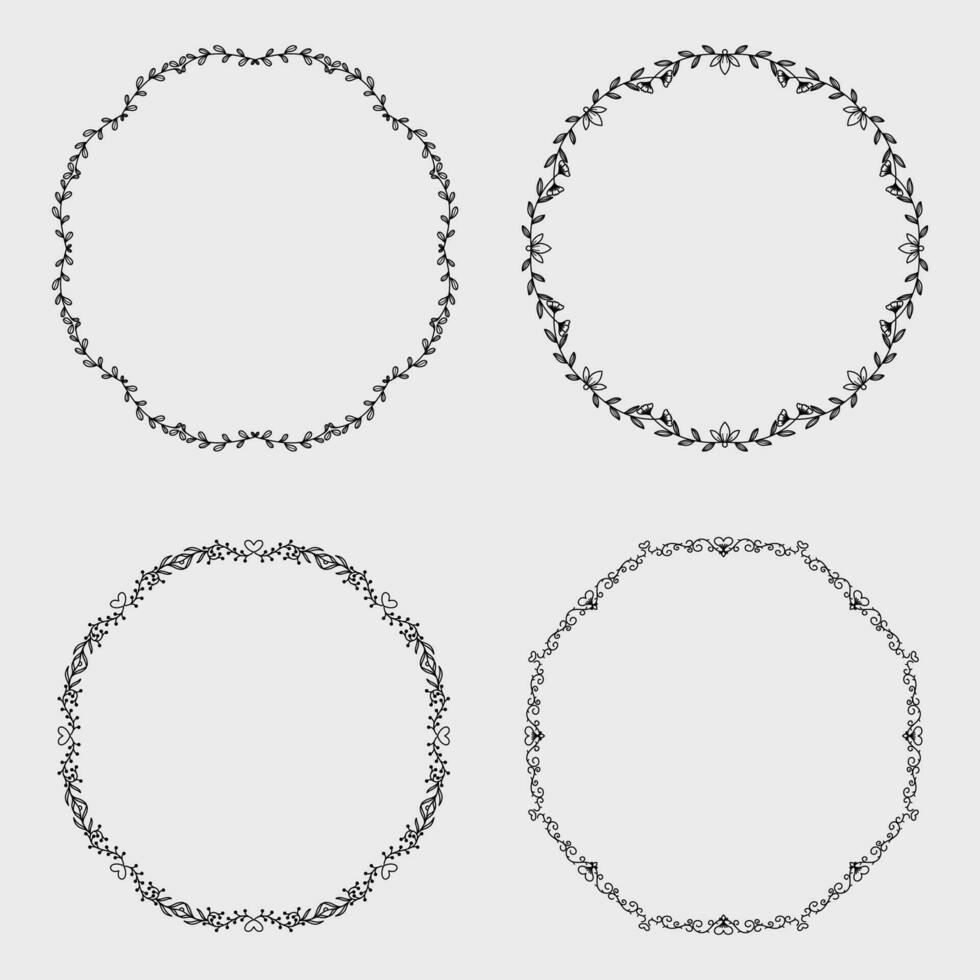 Set of round frames with floral elements. Vector illustration.