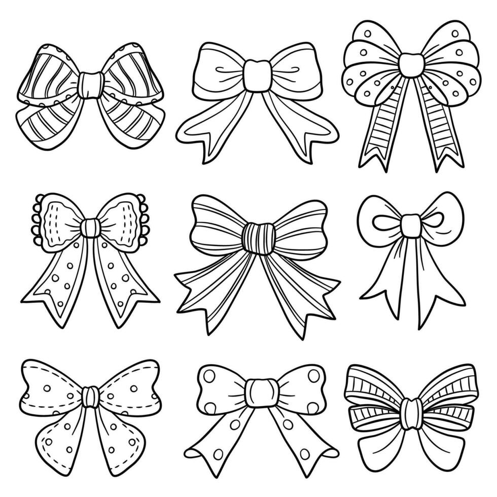 Vector set of bows. Coloring book for children and adults. Ribbon doodle in black thick line collection.