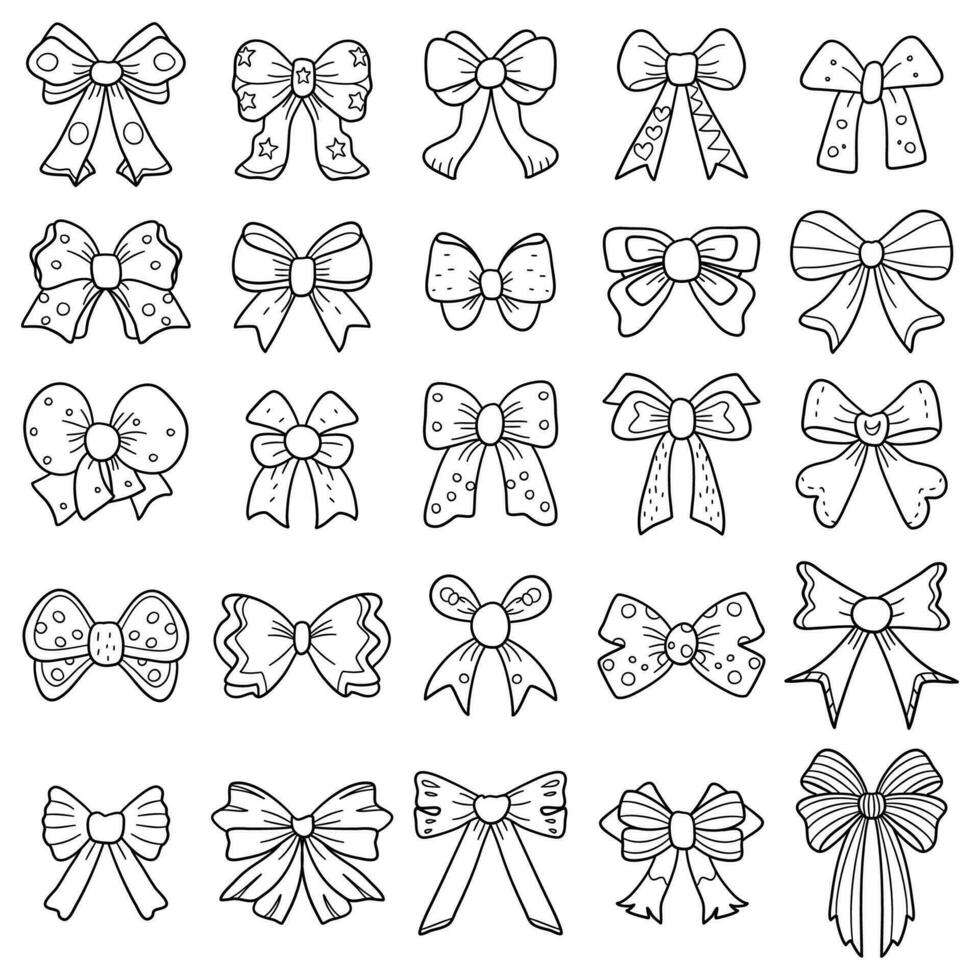 Vector set of bows. Coloring book for children and adults. Ribbon doodle in black thick line collection.
