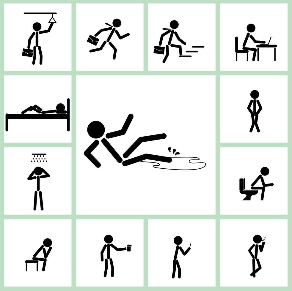 A day of a man vector in stickman style. A man's daily activities black symbol on white background. Stick figure icon.