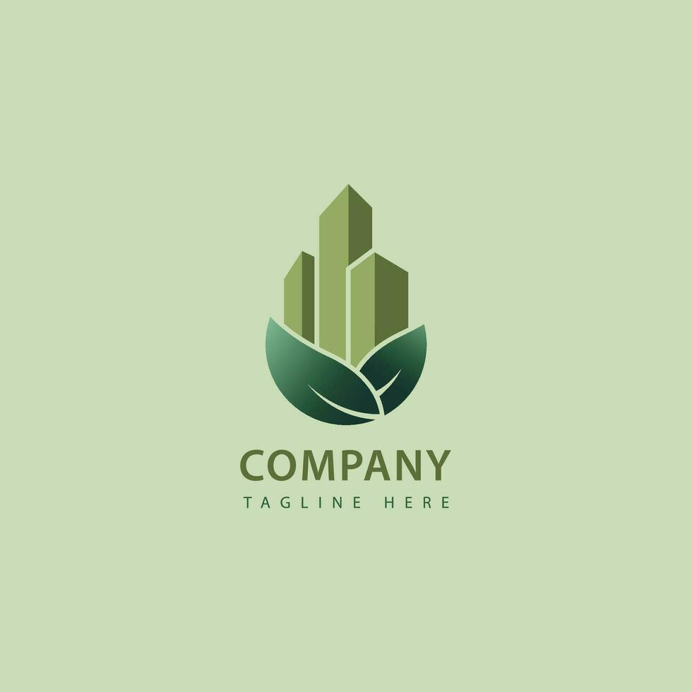 verde edificio moderno logo vector diseño. un combinación de urbano edificios y té hojas