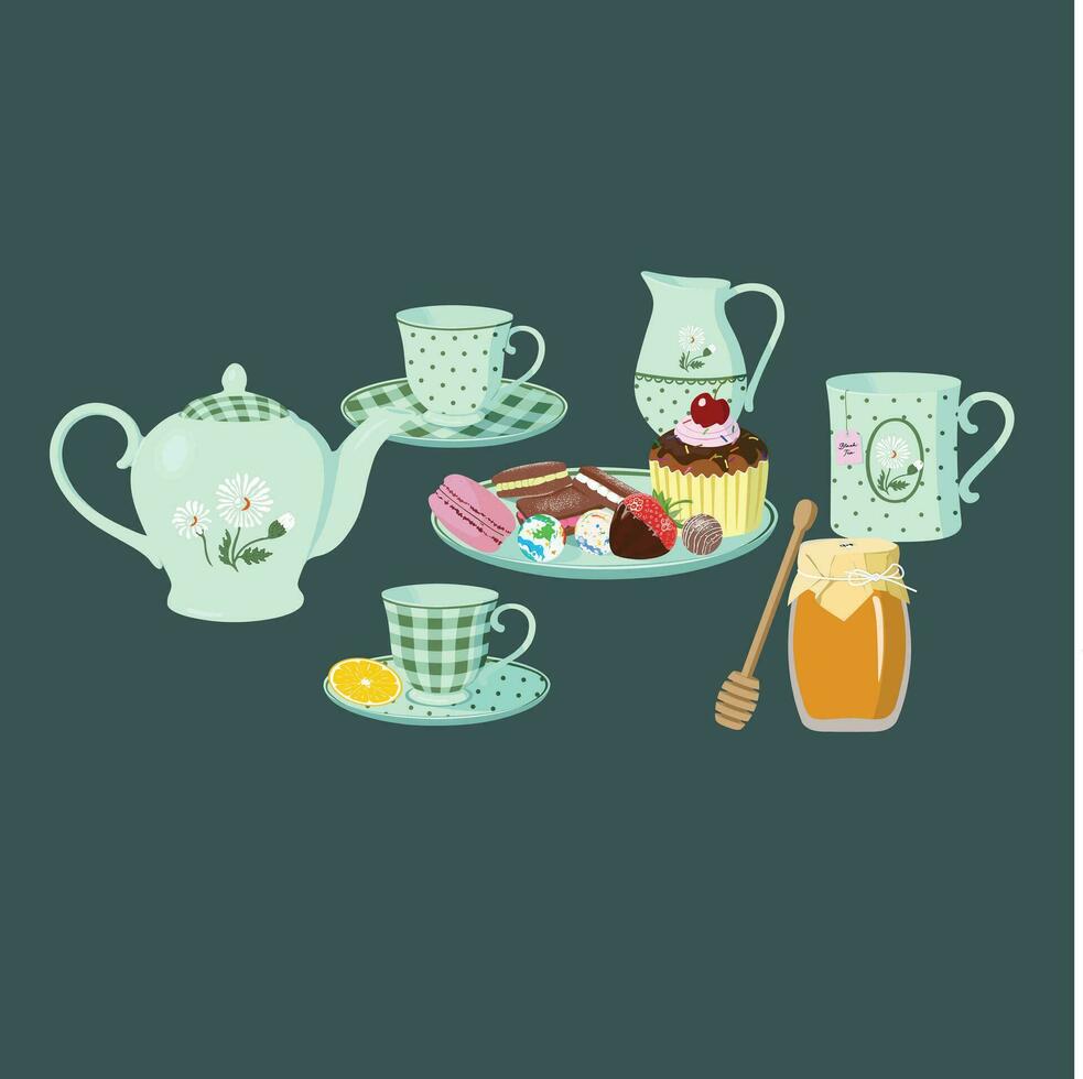 Retro tea time set flat vector. Icons for teatime concept Teapot, tea cup, pastry, honey jar, milk jug. vector