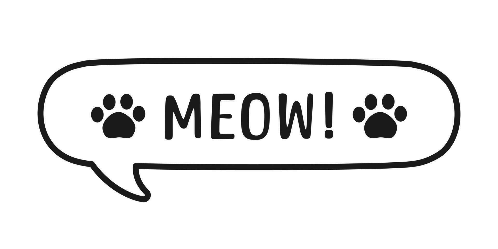 MEOW speech bubble outline doodle. Meow text. Cute hand drawn quote. Cat sound hand lettering phrase. Vector illustration for print on shirt, card, poster etc.