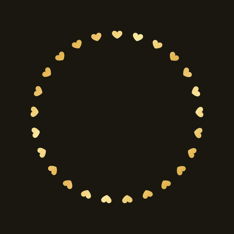 Golden round frame made with heart pattern. Gold Valentines Day Border Template, elegant wedding invitation card vector illustration