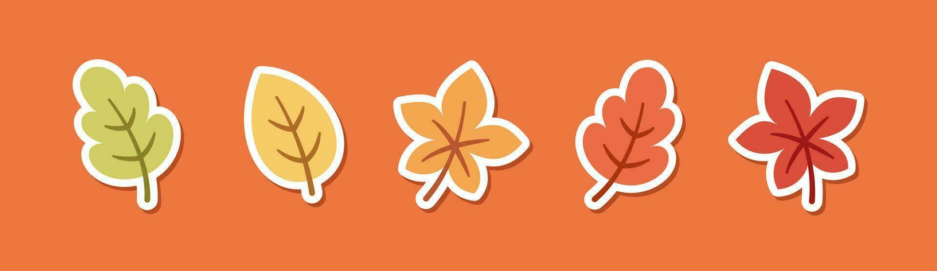 Cute autumn leaves sticker design vector illustration set.