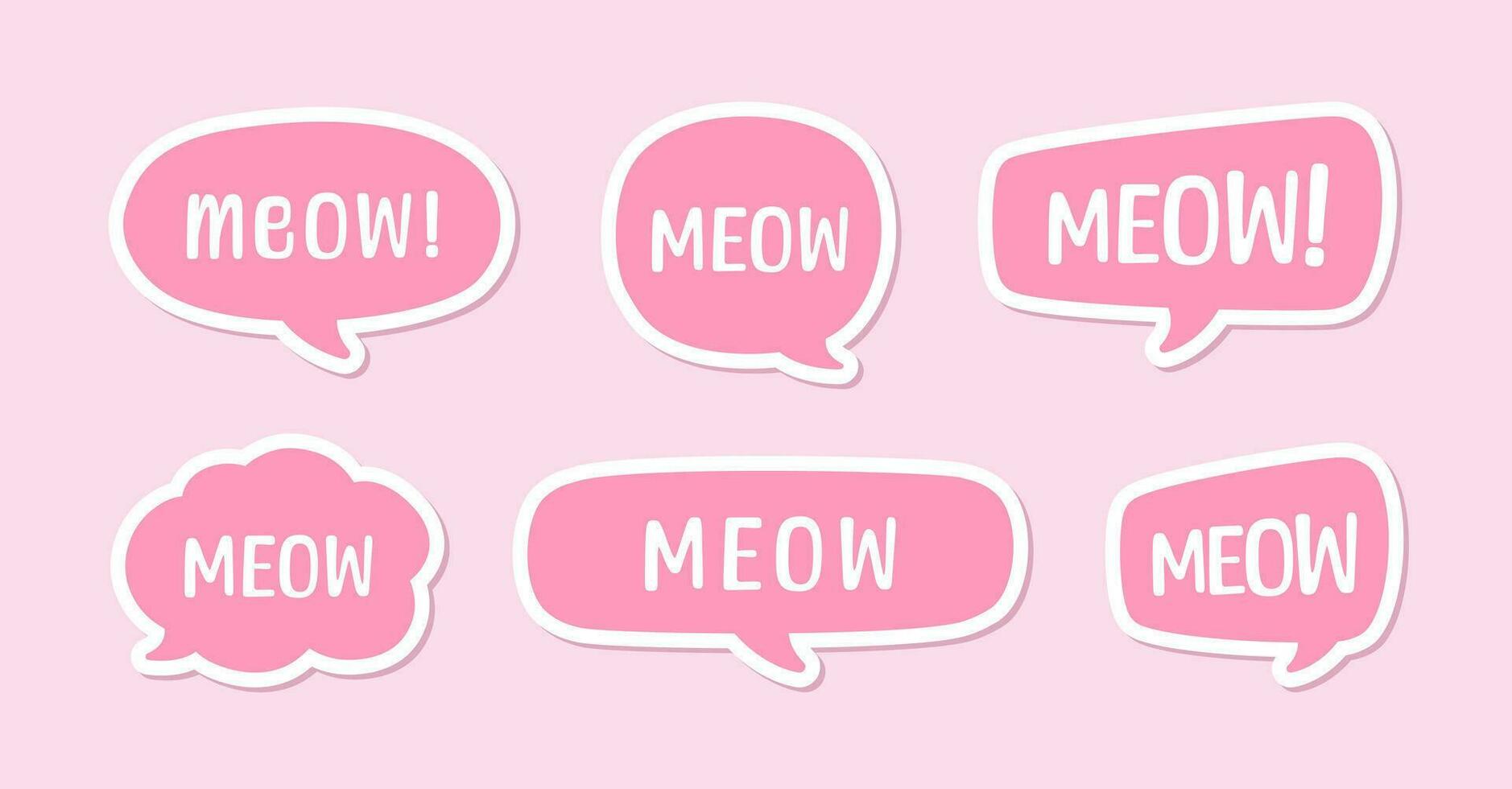 MEOW speech bubble set sticker design. Meow text. Cute hand drawn quote. Cat sound hand lettering. Doodle phrase. Vector illustration for print, sticker sheet, card, poster etc.