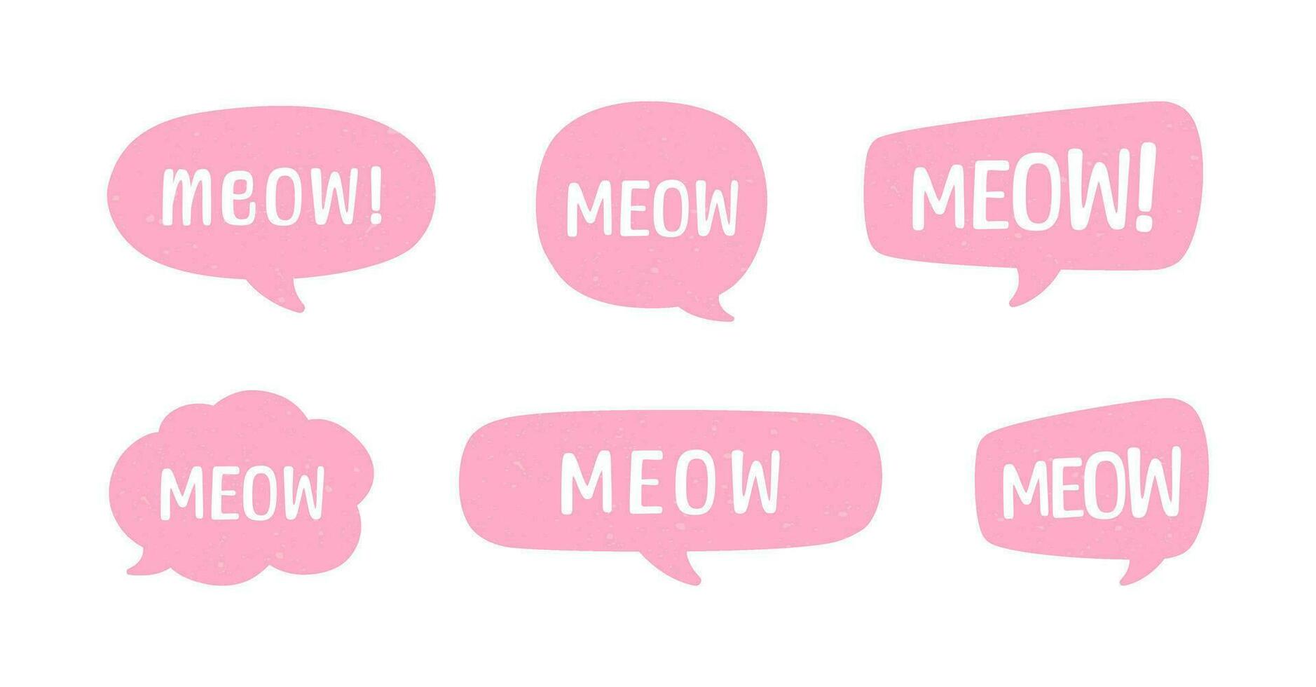 MEOW speech bubble set. Meow text. Cute hand drawn quote. Cat sound hand lettering. Doodle phrase. Vector illustration for print on shirt, card, poster etc.