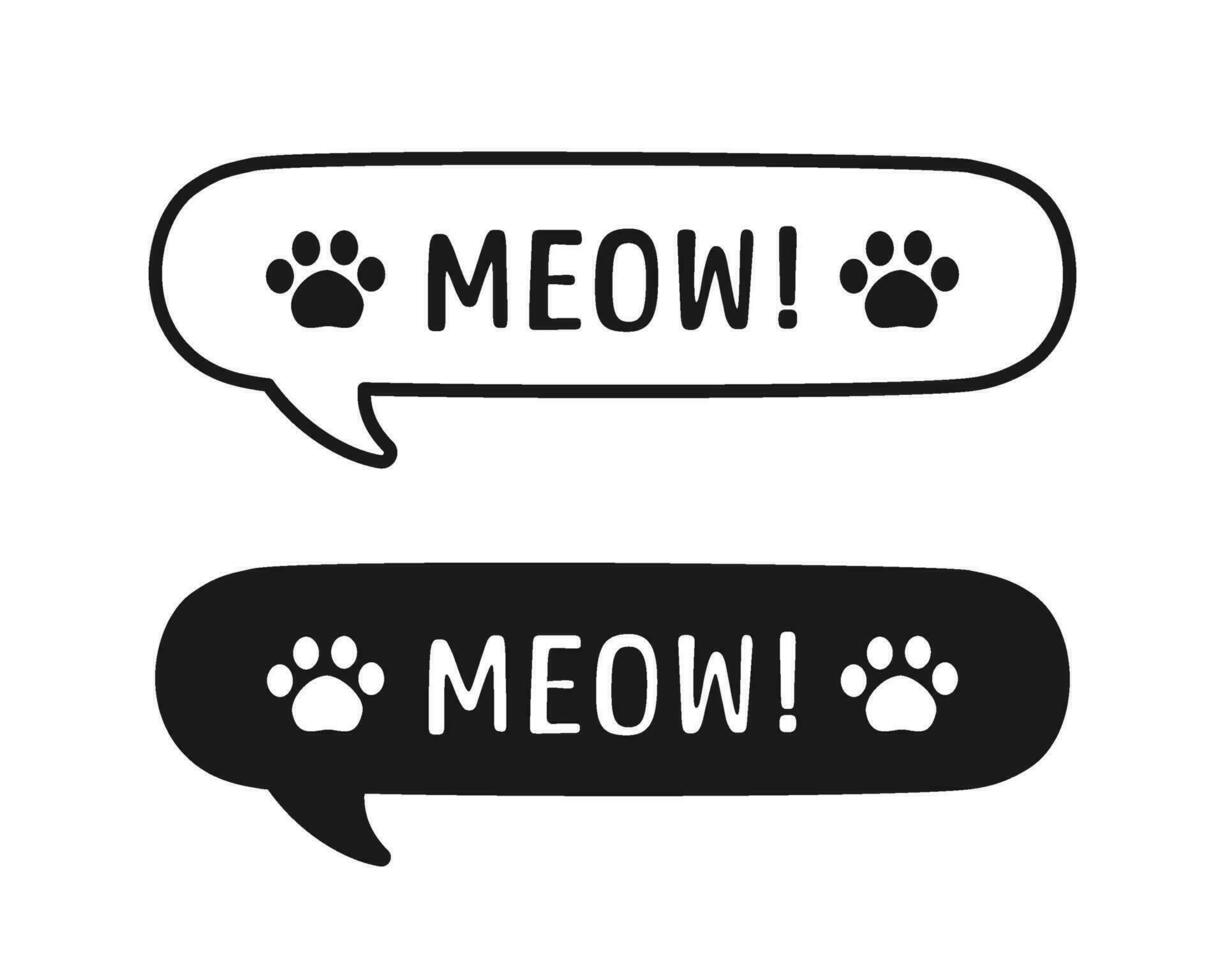 MEOW speech bubble silhouette and outline set. Cute hand drawn text quote. Animal sound with paw prints doodle phrase. Vector illustration.