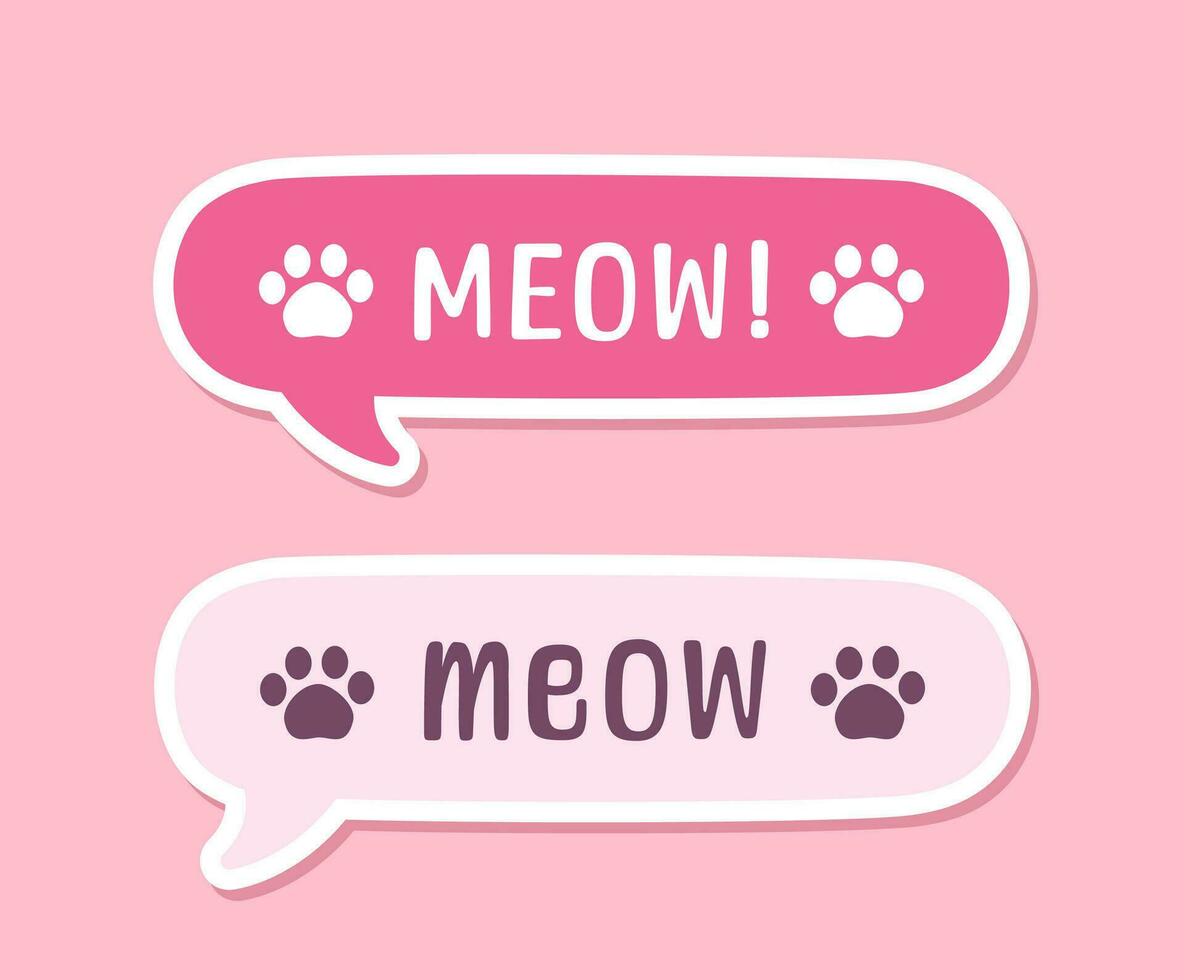 MEOW speech bubble sticker set. Meow text. Cute hand drawn quote. Cat sound hand lettering. Doodle phrase. Vector illustration for print on shirt, card, poster etc.