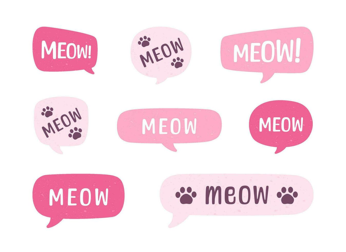 MEOW speech bubble set. Meow text. Cute hand drawn quote. Cat sound hand lettering. Doodle phrase. Vector illustration for print on shirt, card, poster etc.