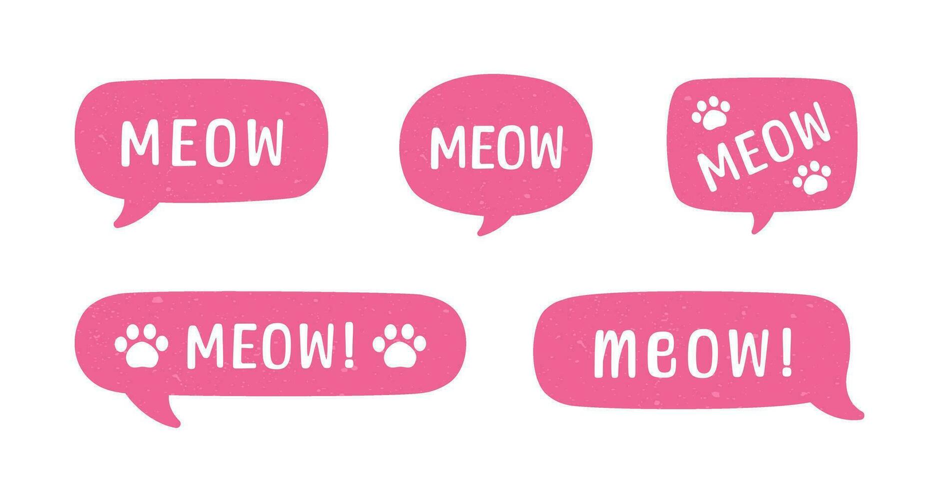 MEOW speech bubble set. Meow text. Cute hand drawn quote. Cat sound hand lettering. Doodle phrase. Vector illustration for print on shirt, card, poster etc.