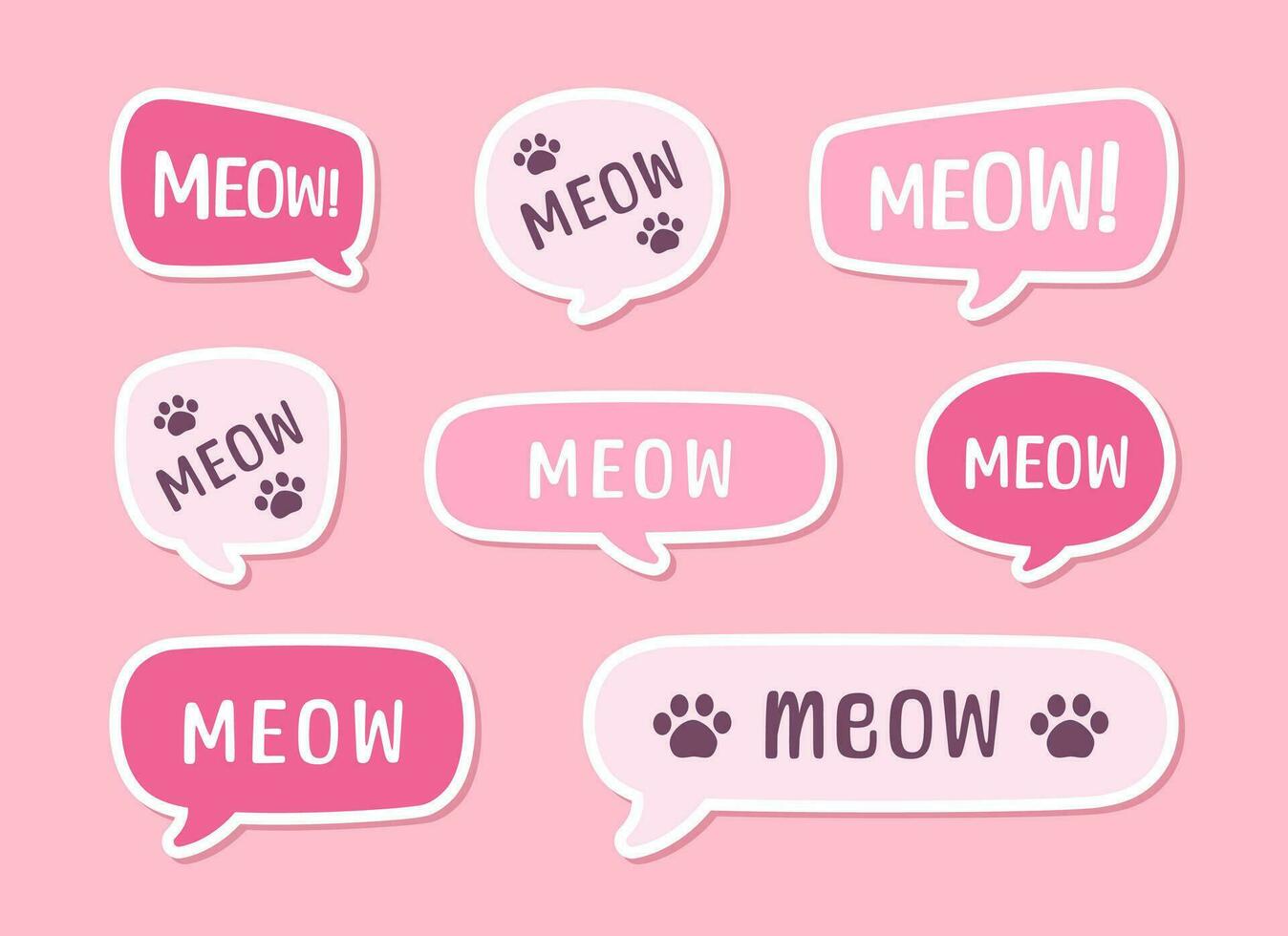 MEOW speech bubble sticker set. Meow text. Cute hand drawn quote. Cat sound hand lettering. Doodle phrase. Vector illustration for print on shirt, card, poster etc.