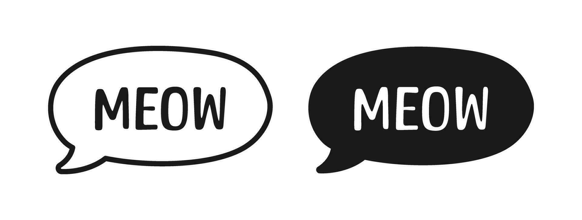 MEOW speech bubble silhouette and outline set. Cute hand drawn text quote. Animal sound doodle phrase. Vector illustration for print on shirt, card, poster etc.